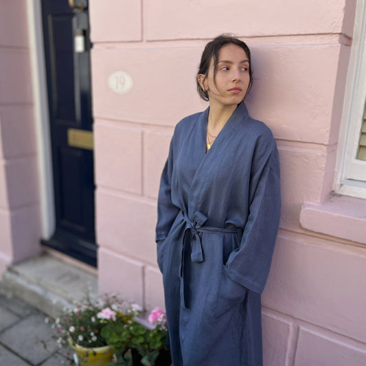 Ink linen kimono robe.
