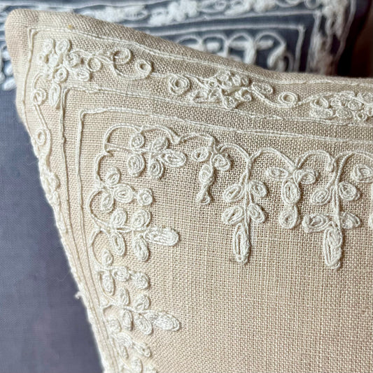 Small Beige Embroidered Dori Linen Cushion Cover