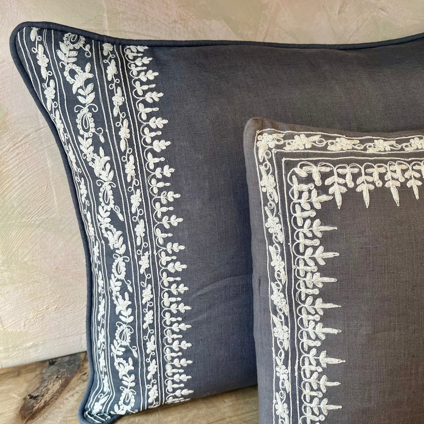 Large Blue Embrodiered Dori Linen Cushion Cover