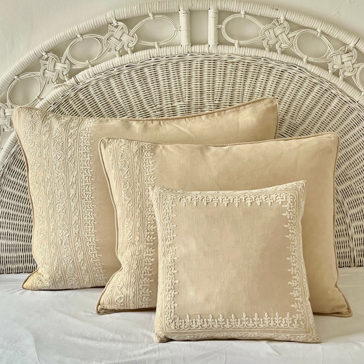 Medium Beige Embroidered Linen Cushion Cover