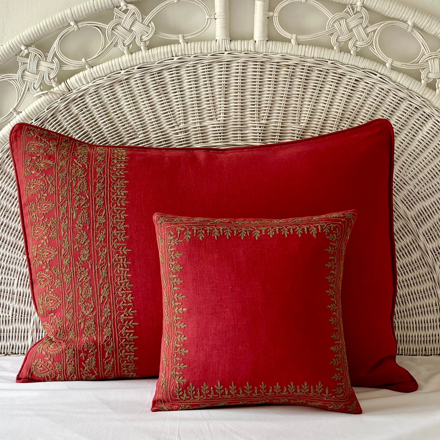 Medium Red Embroidered Linen Cushion Cover