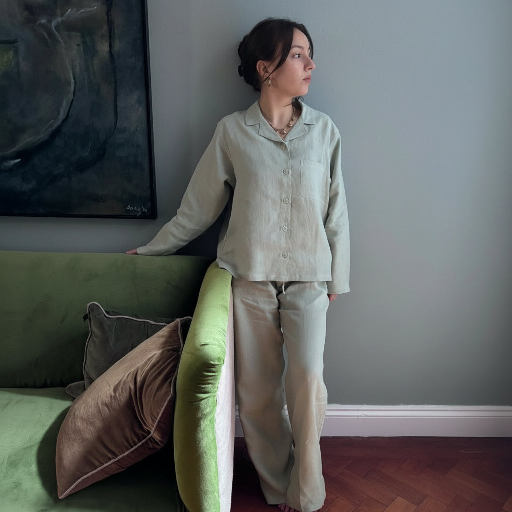 Bolney washed linen pyjamas in soft eucalyptus green colour