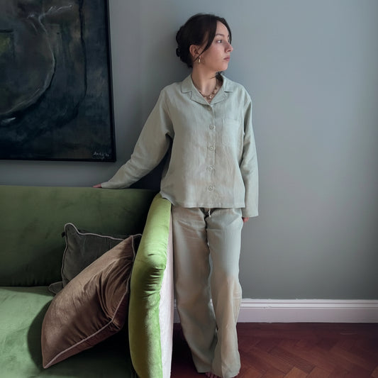 Bolney washed linen pyjamas in soft eucalyptus green colour