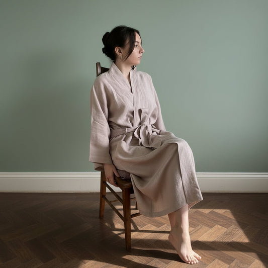 Woman in a pink robe sitting on a chair in a room with green walls and wooden floor.