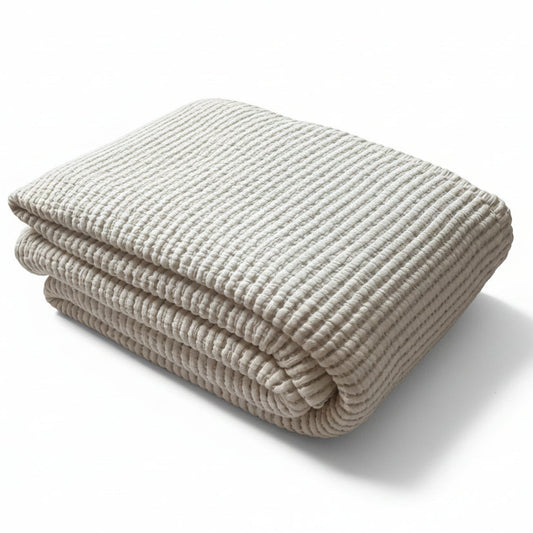 Ivory cotton king bedspread with a natural, beige stripe pattern throughout.