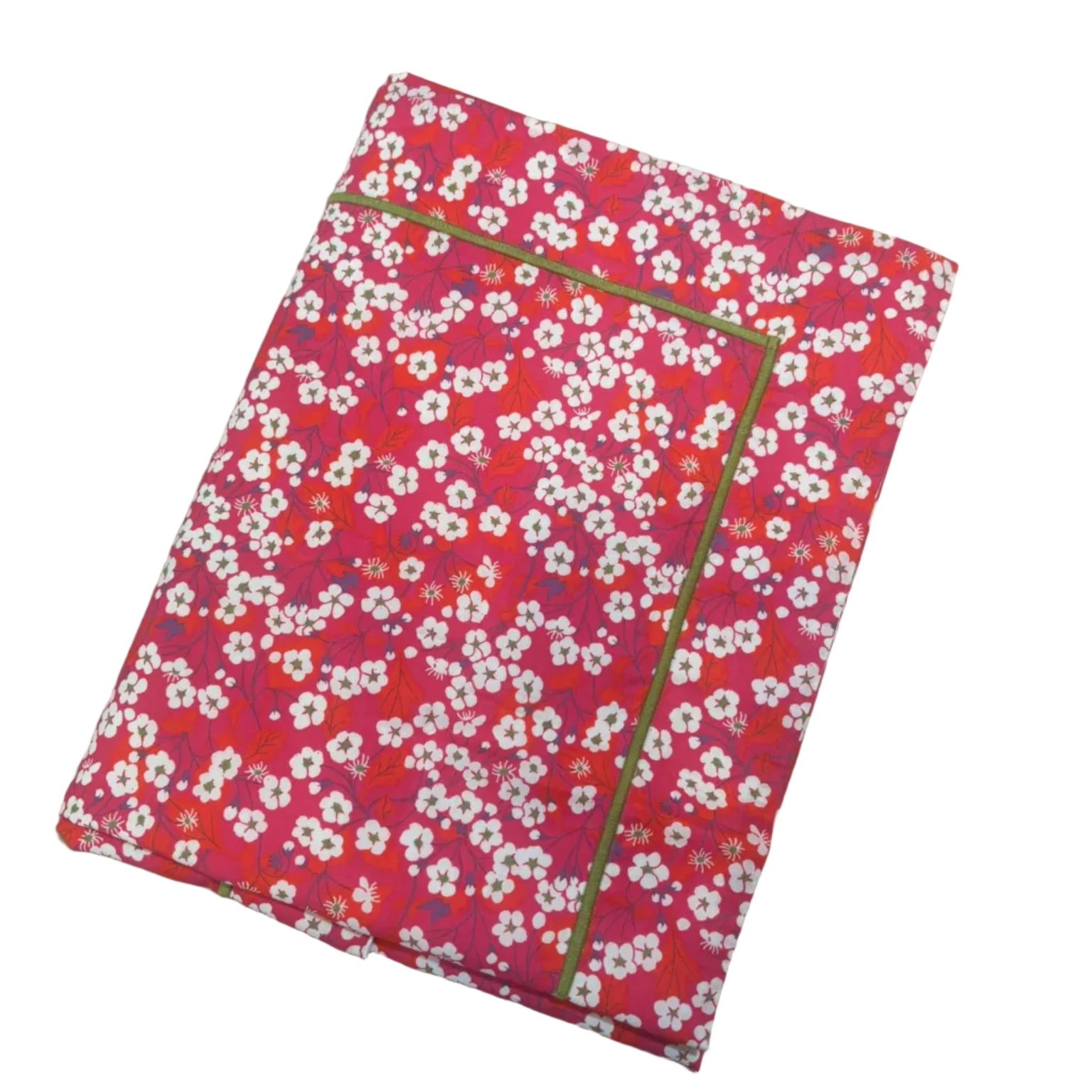 Pink and white floral patterned liberty mitsi square pillowcase with green cording.