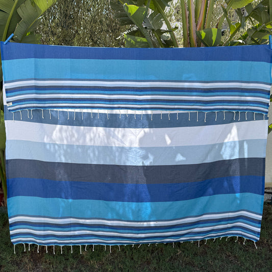Blue stripes double fouta beach towel, in different shades of blue.