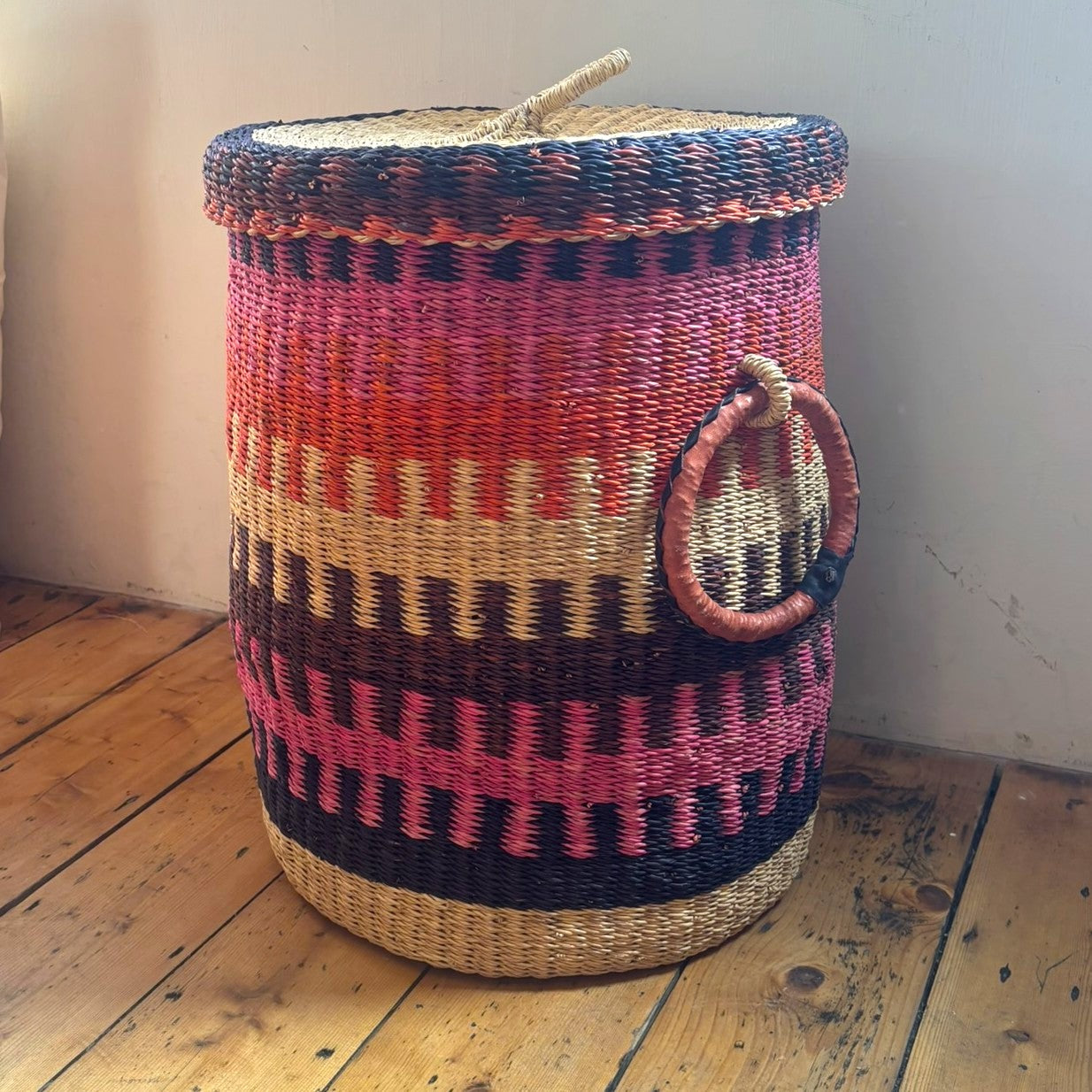 Medium Coloured Linen Basket with Lid - Pink & Dark Purple