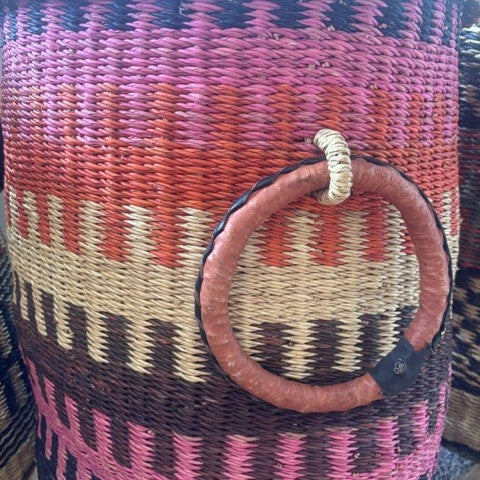 Medium Coloured Linen Basket with Lid - Pink & Dark Purple