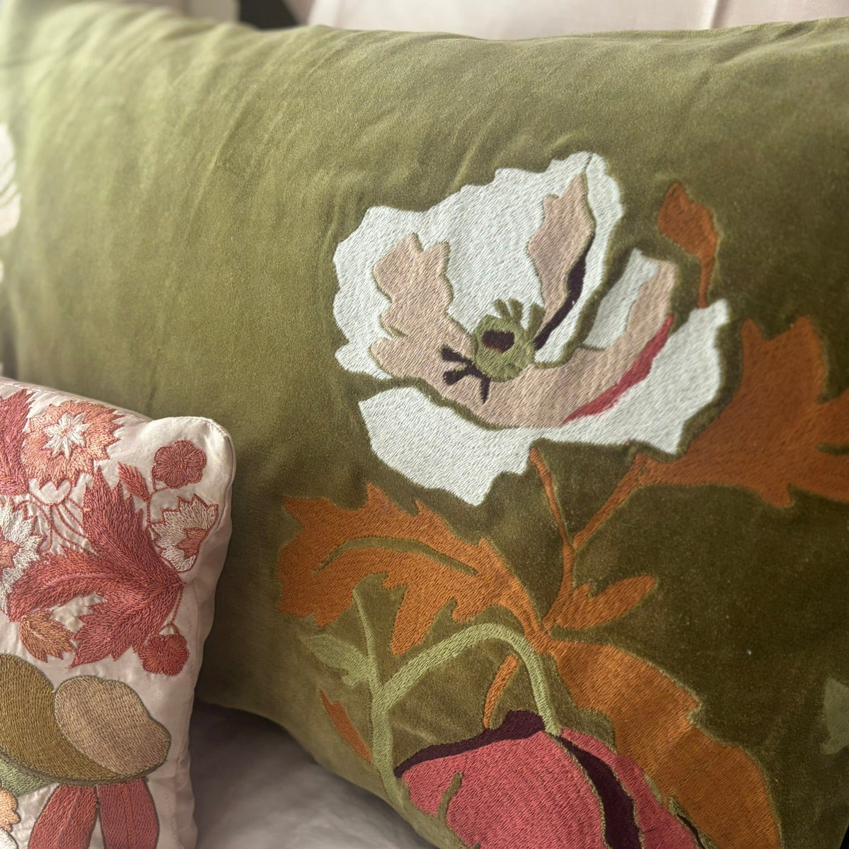 olive pillowsham in velvet embroidered with flowers