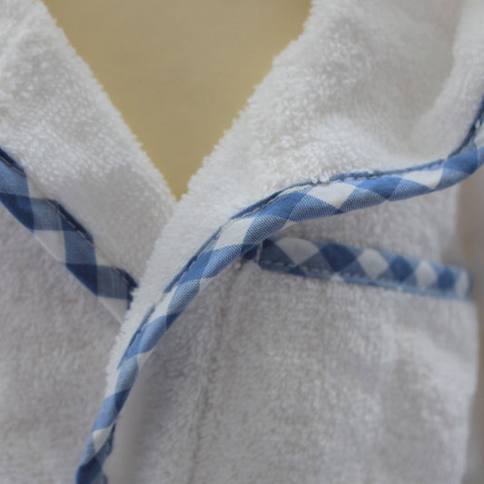blue gingham trimmed white hoode robe
