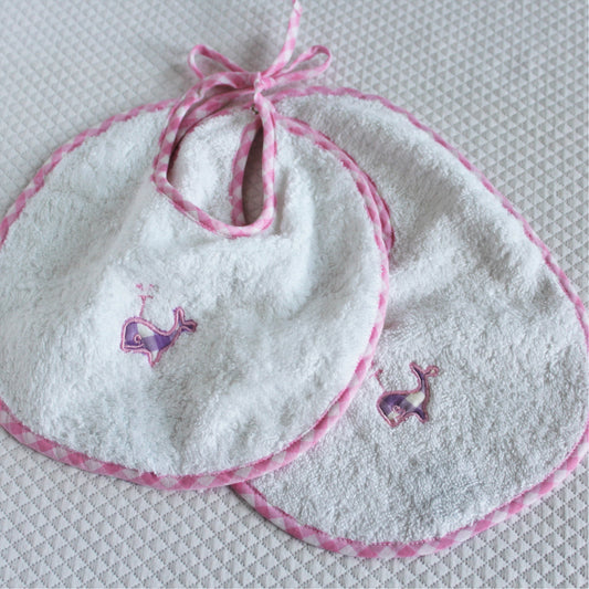 Tradiotional gingham tie bibs with whale motif