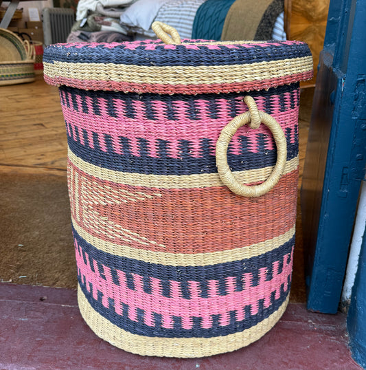 Coloured Lidded Laundry Basket - Pink, Purple & Terracotta