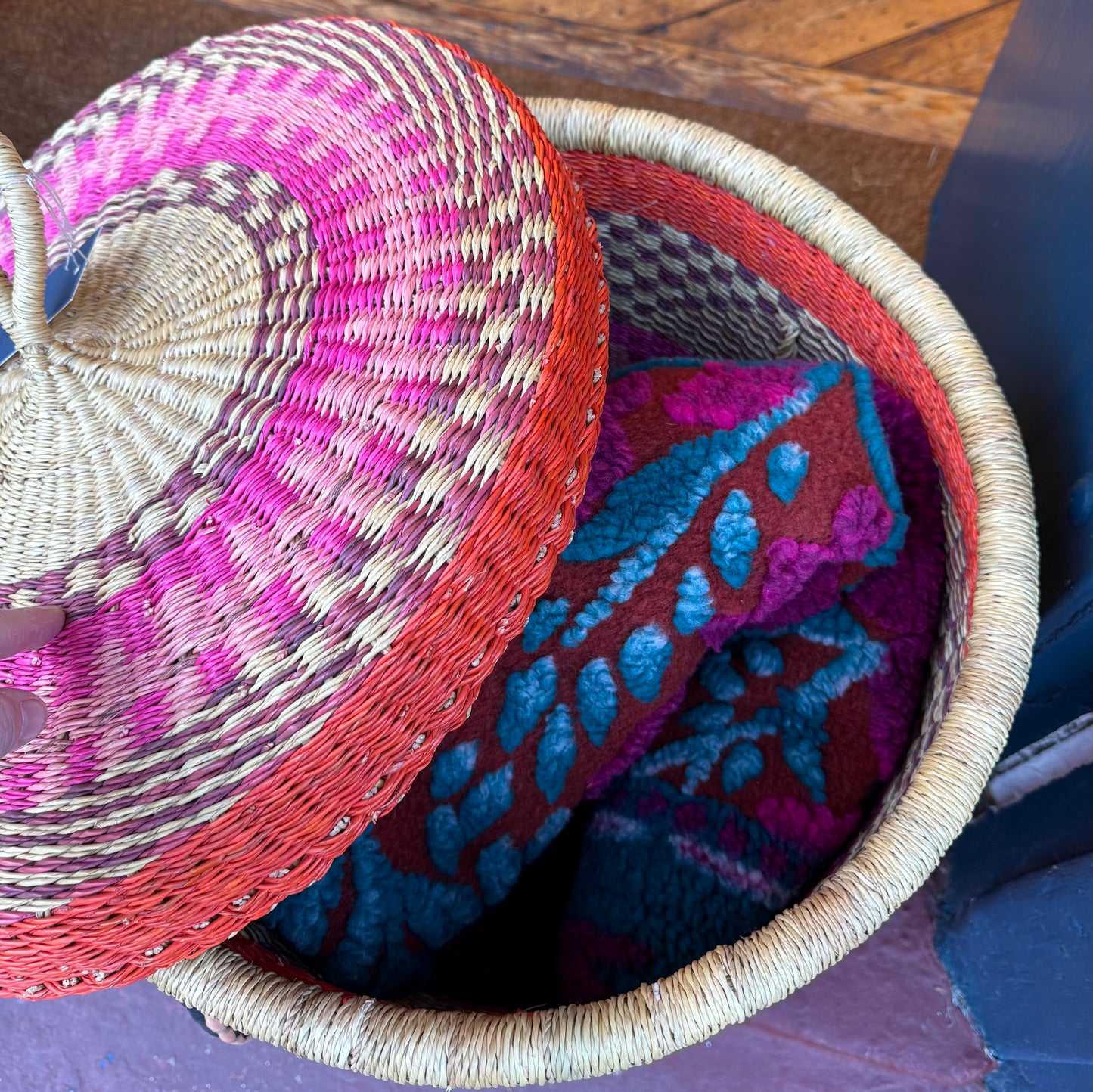 Coloured Linen Basket with Lid - Pink & Orange