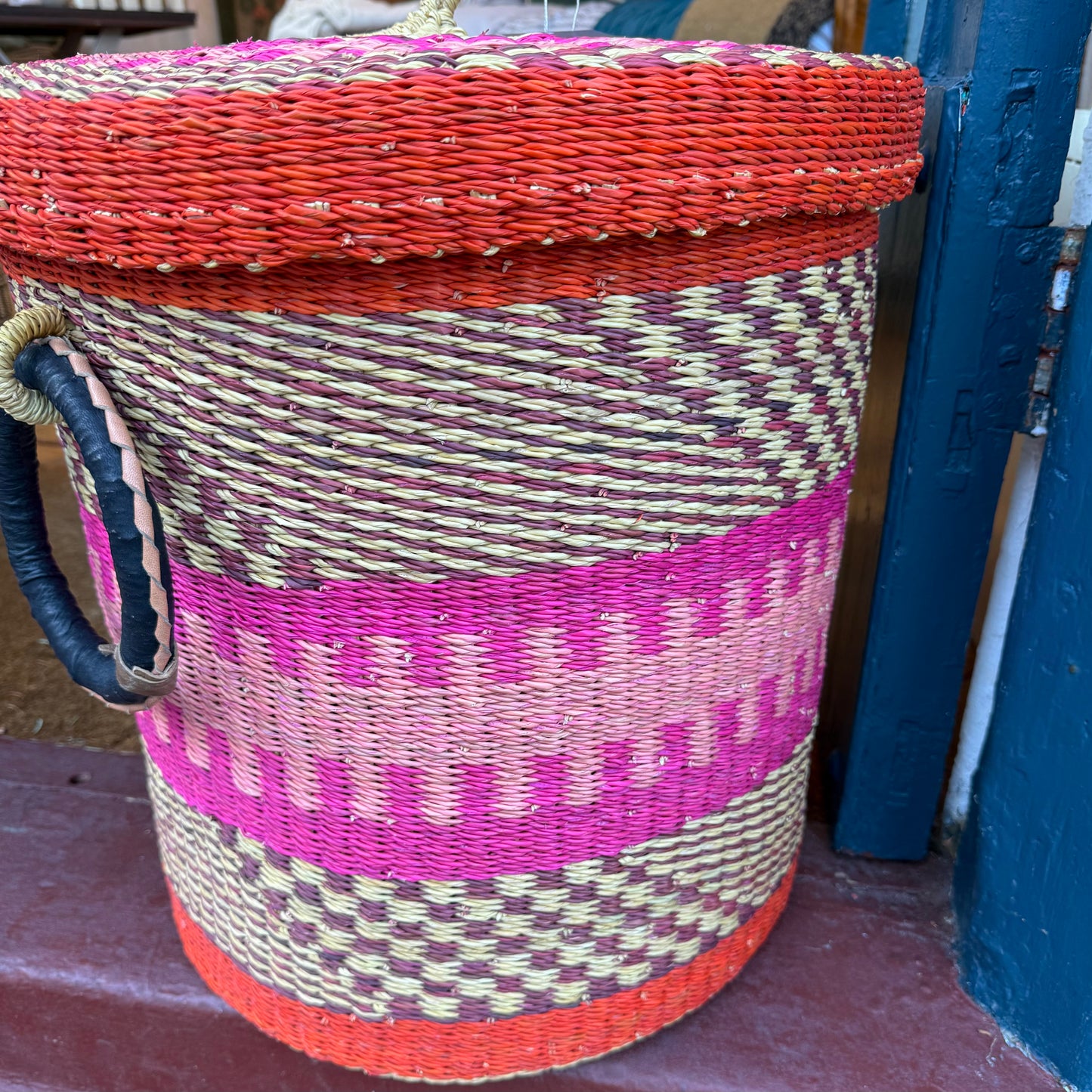 Coloured Linen Basket with Lid - Pink & Orange