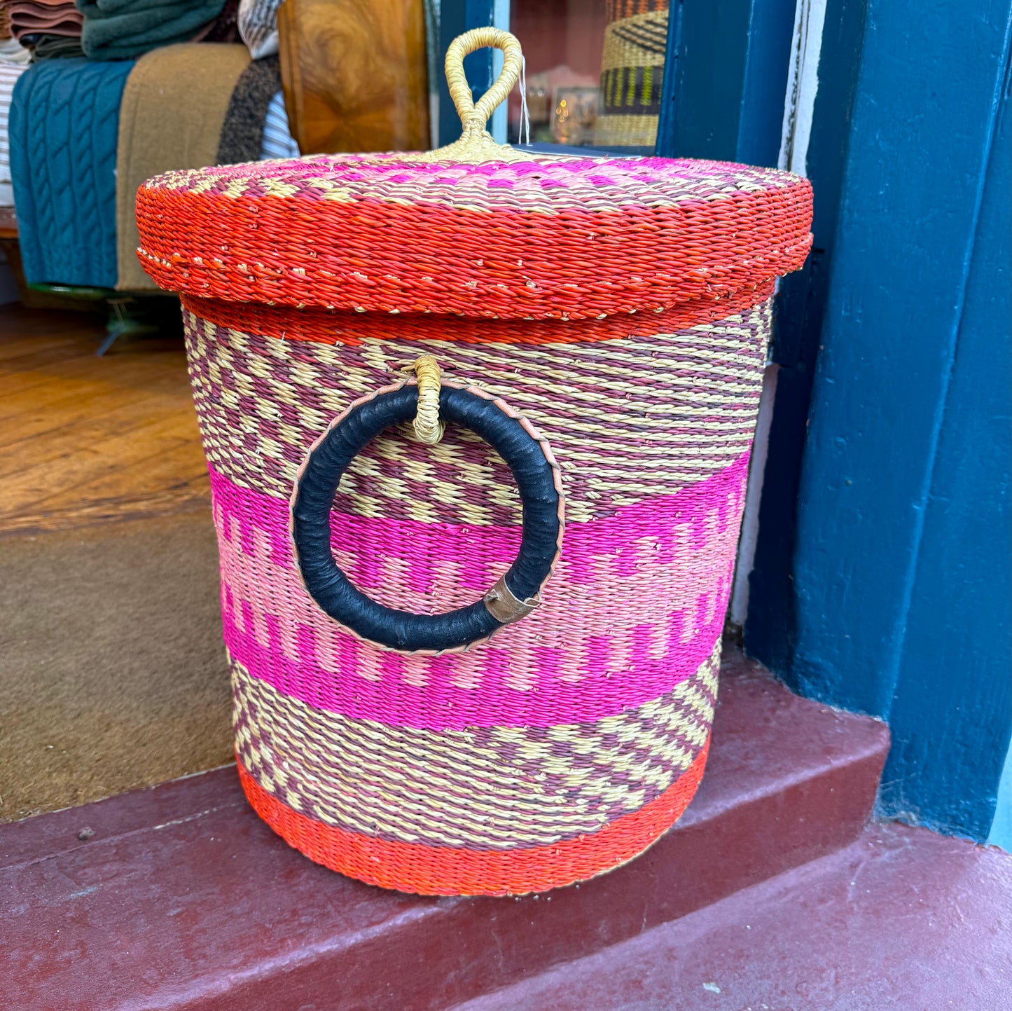 Coloured Linen Basket with Lid - Pink & Orange