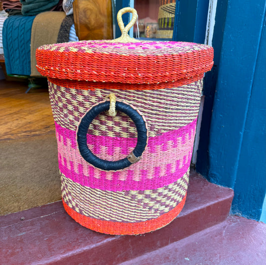 Coloured Linen Basket with Lid - Pink & Orange