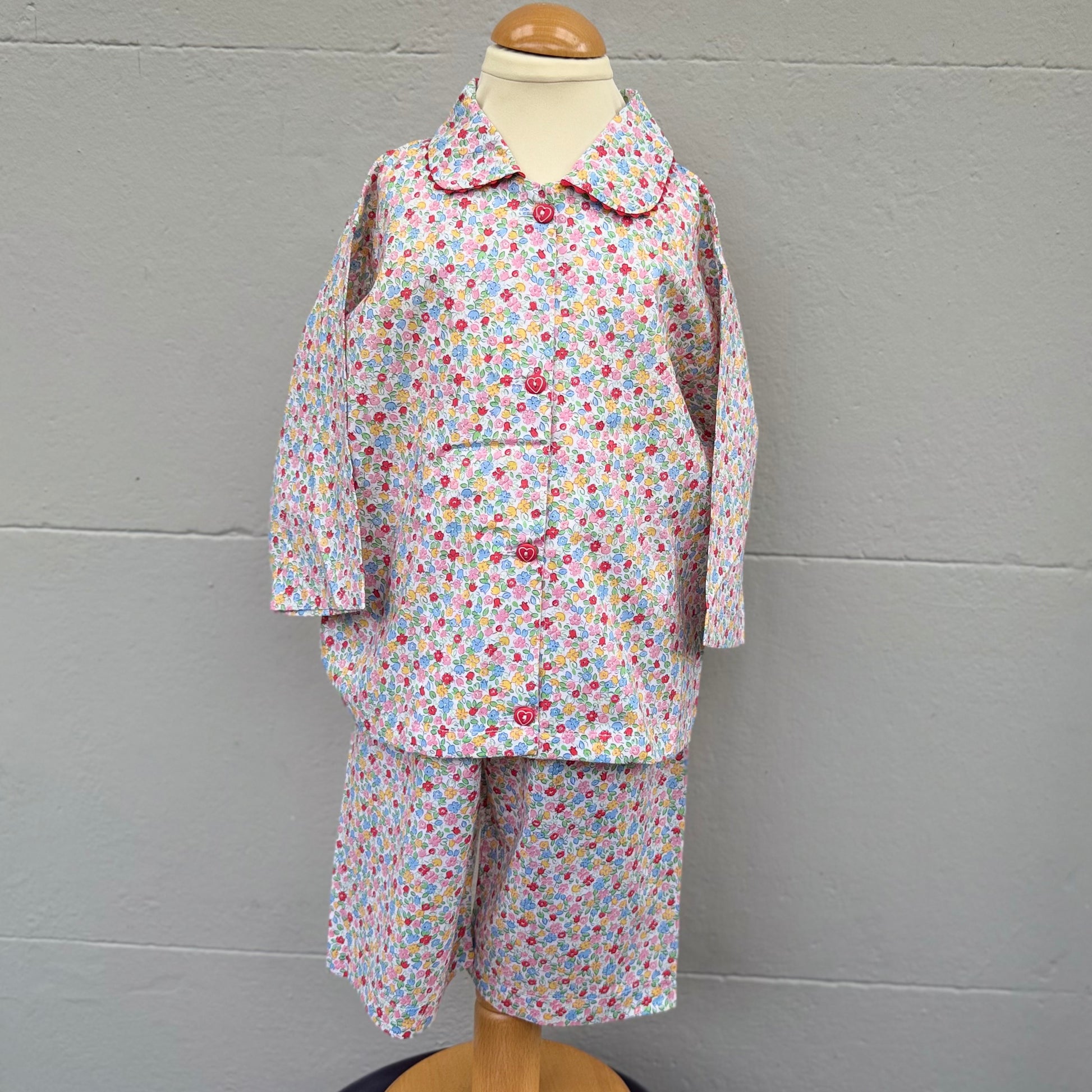 super fine multi coloured floral print pyjamas. 3/4 length sleeves and trousers
