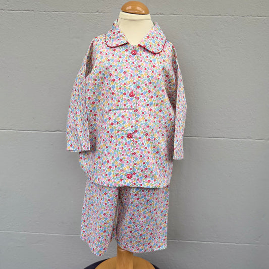 super fine multi coloured floral print pyjamas. 3/4 length sleeves and trousers