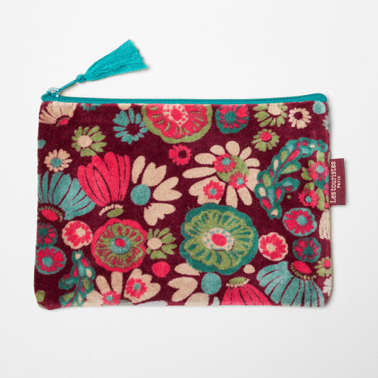 Cotton velvet pouch with a burgundy base and a pink, cream, teal and green floral design.