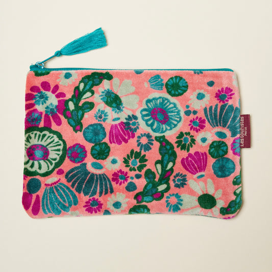 Cotton velvet pouch with a light pink base with teal, green and magenta floral design.