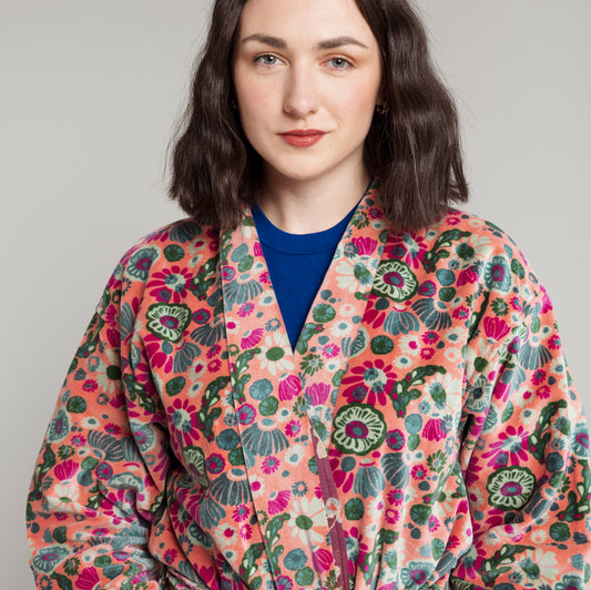 Green, teal and magenta floral designed pink cotton velvet robe.
