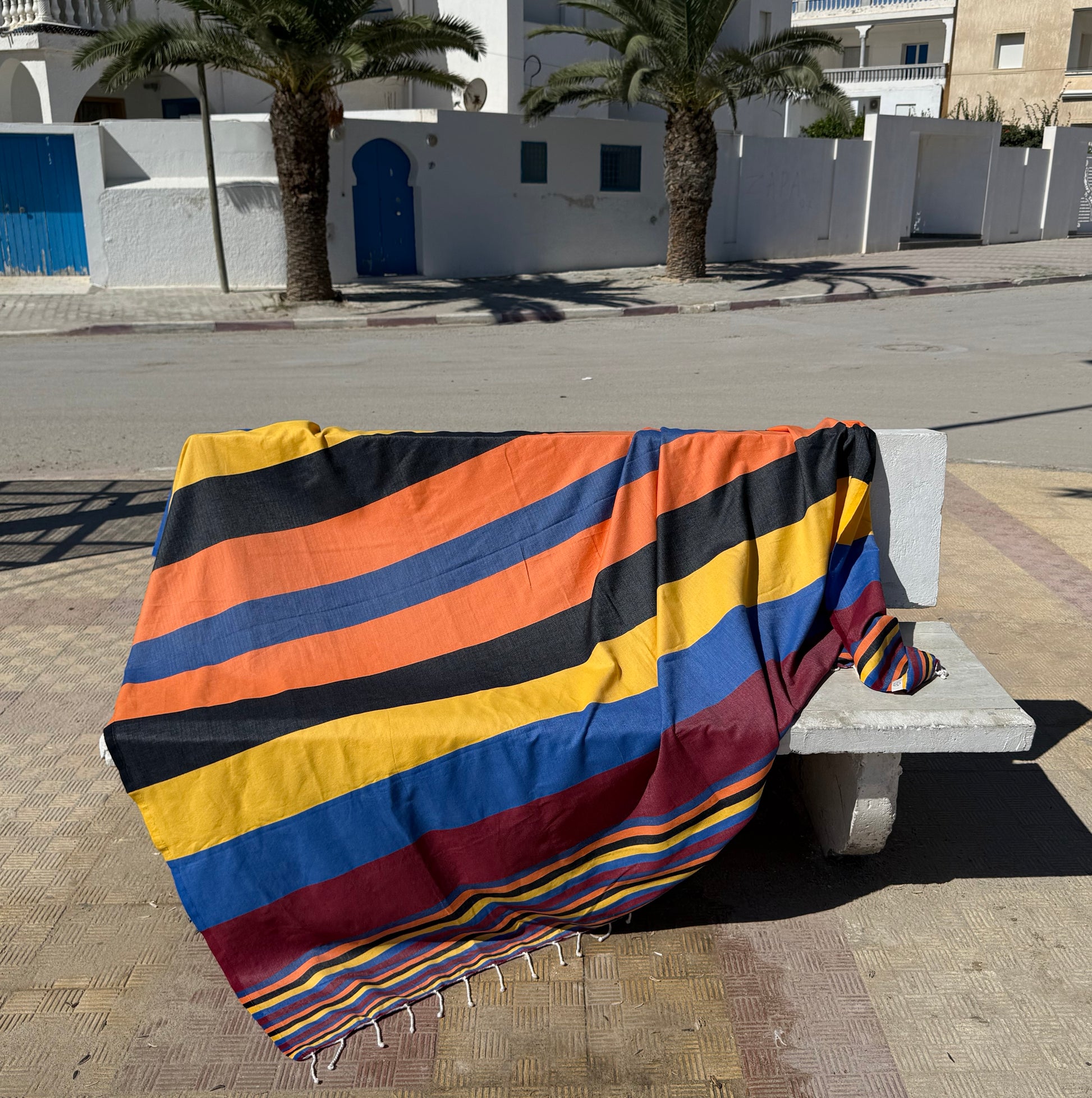 Double Beach towel in burgundy and orange stripes