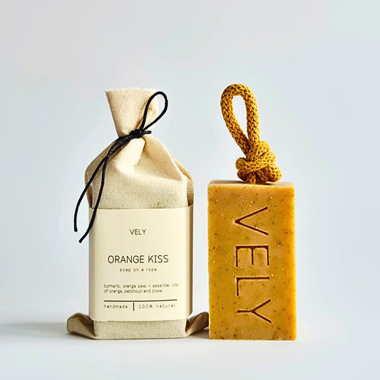 Orange Kiss soap on a rope
