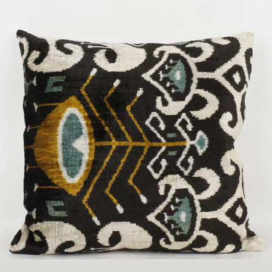 Peacock feather silk ikat cushion with feather pad.
