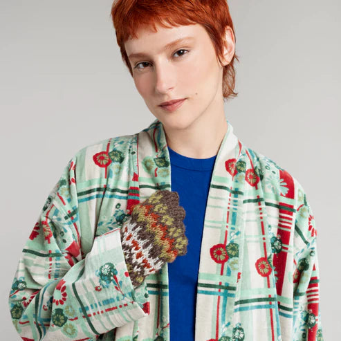 dundee sage printed velvet dressing gown in sage green and burgundy