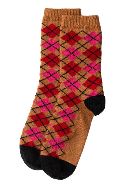 Caramel Argyle Cashmere Bed Socks Size 4-7