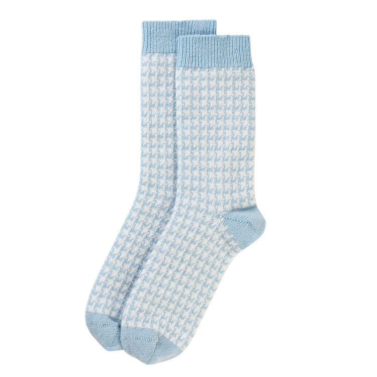 Blue houndstooth cashmere socks.
