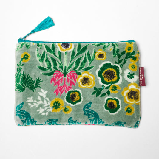 Cotton velvet pouch with a sage green base and a yellow, green and pink wild flower pattern.
