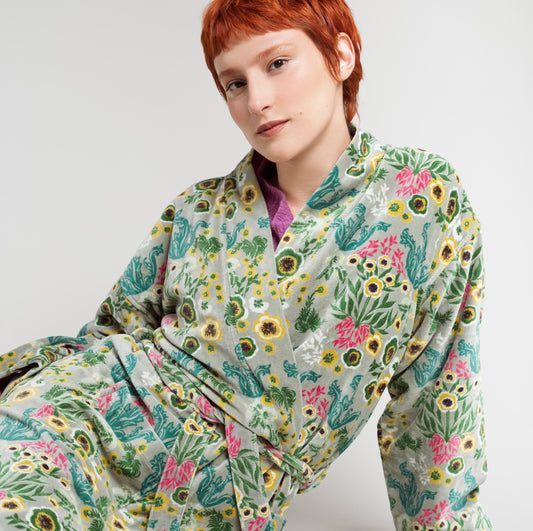 Cotton velvet sage robe with a wild flower design.