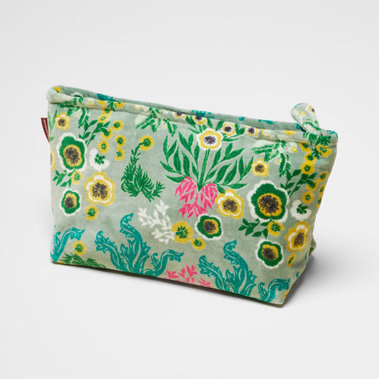Wild flower patterned sage green cotton velvet washbag.
