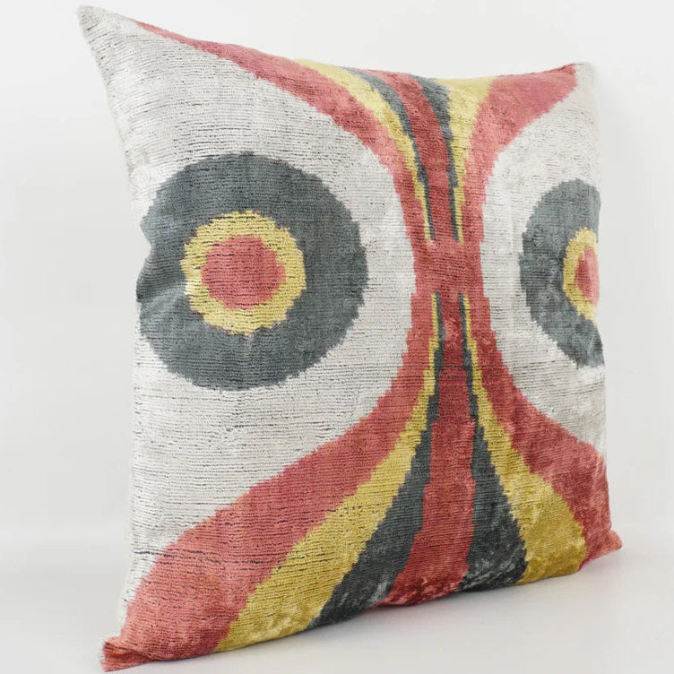 Swirls velvet ikat cushion in silk.