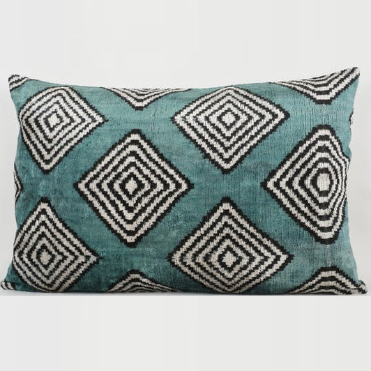 Teal Ikat Velvet Lumber Cushion