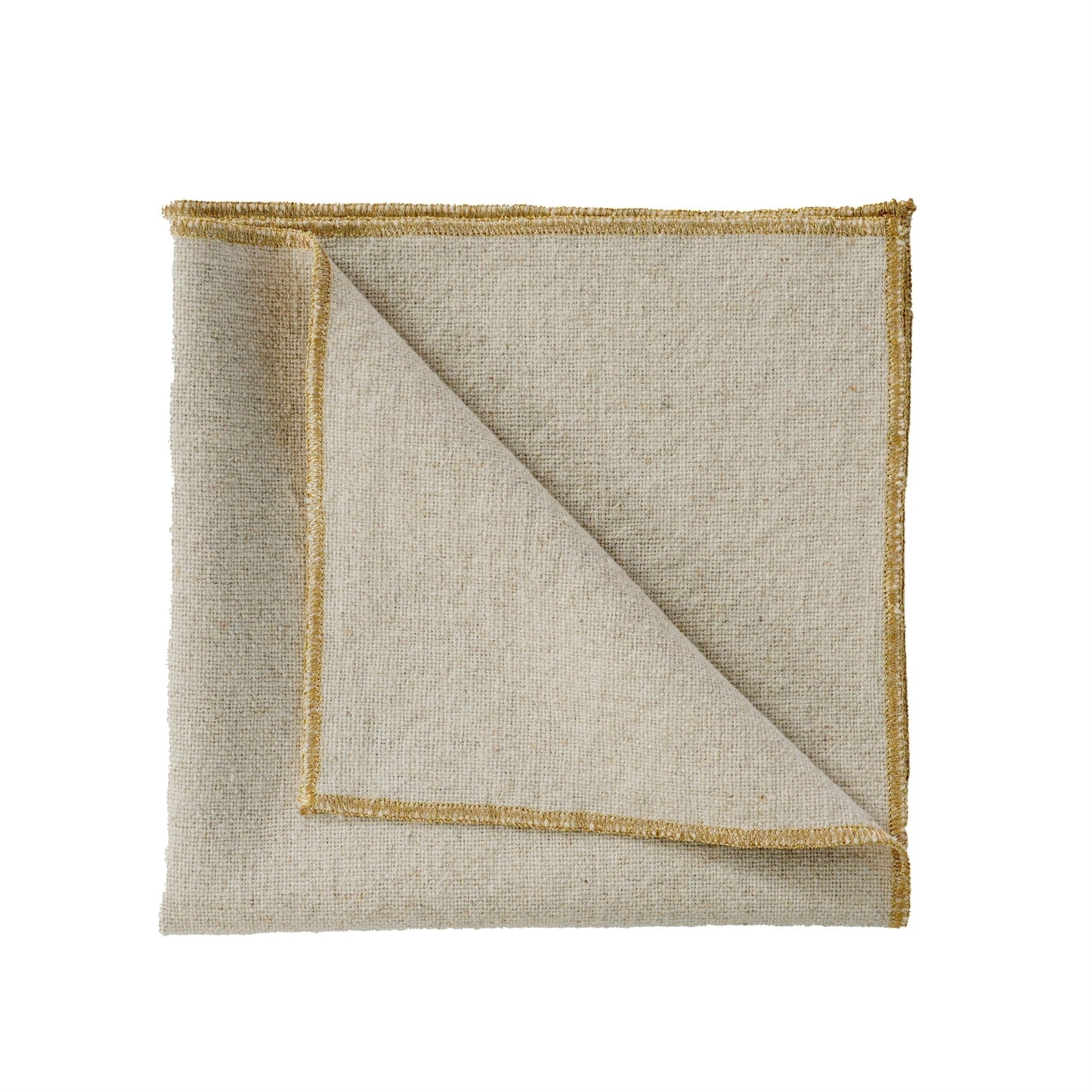 Natural coloured linen napkin finished with a gold trim.