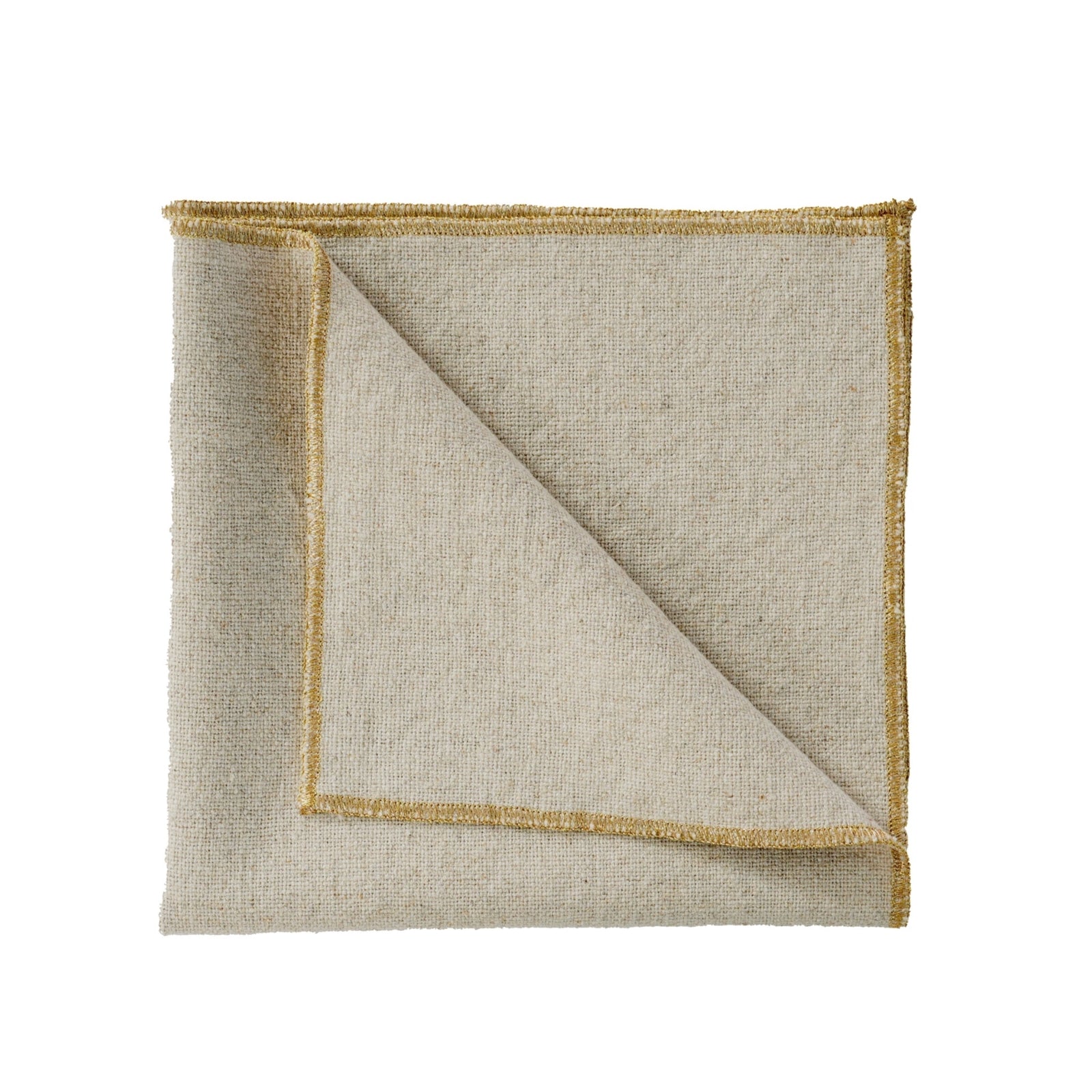 Natural coloured linen napkin finished with a gold trim.