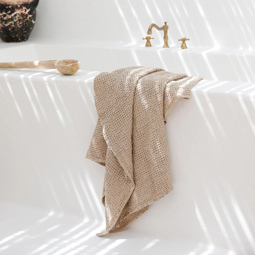 Linen waffle towels in neutral beige