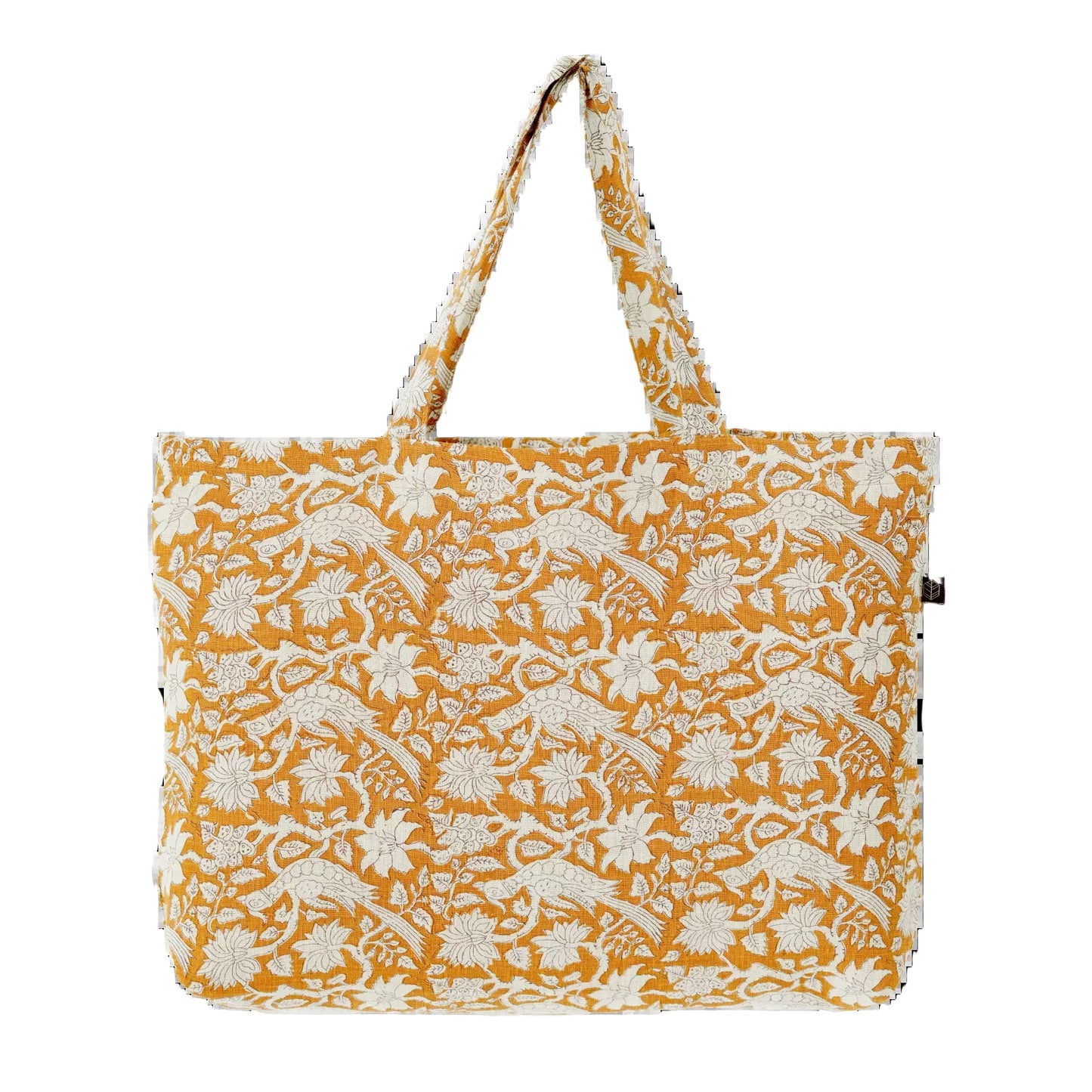Gold floral block printed linen and cotton market bag.