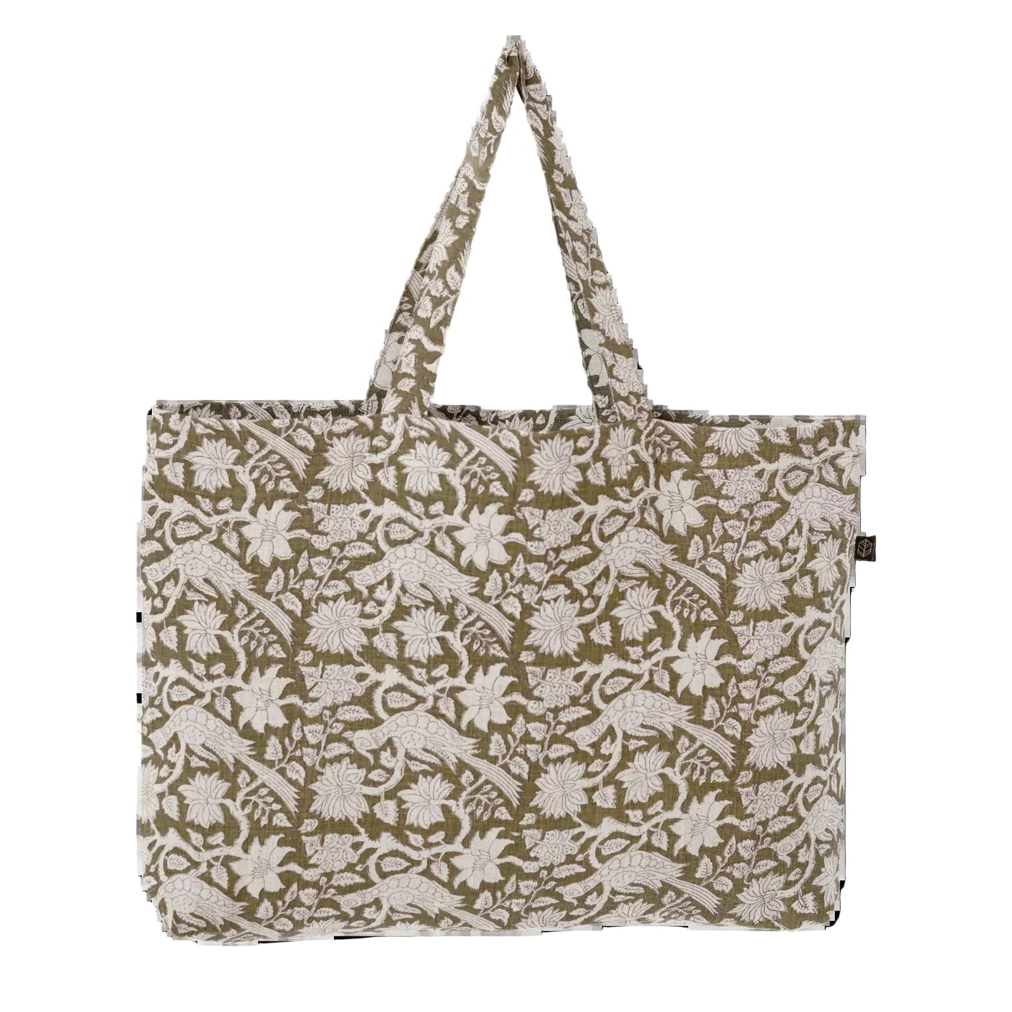 Khaki floral block printed market bag.