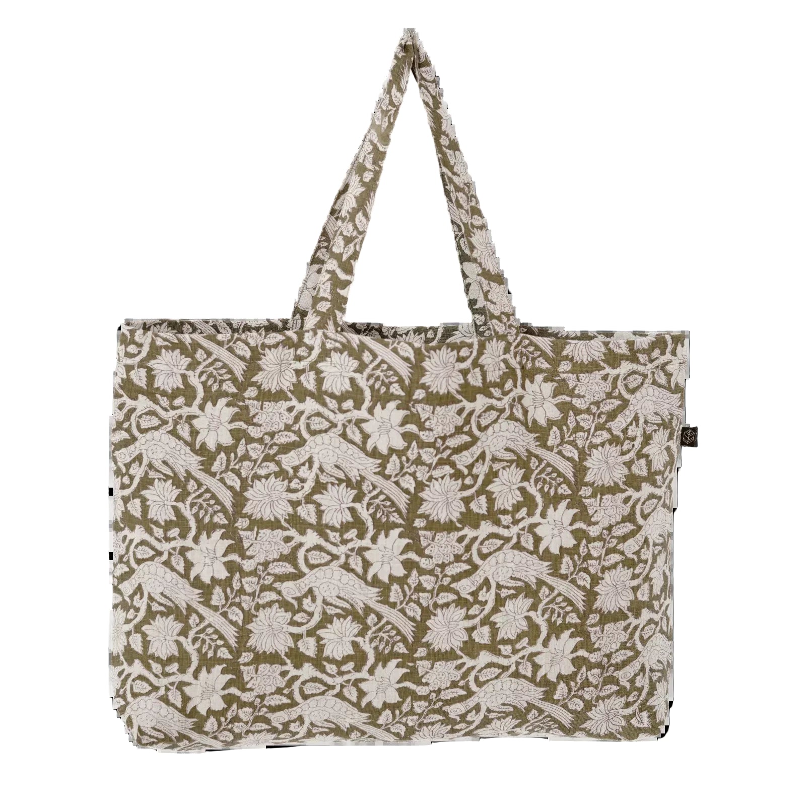 Khaki floral block printed market bag.