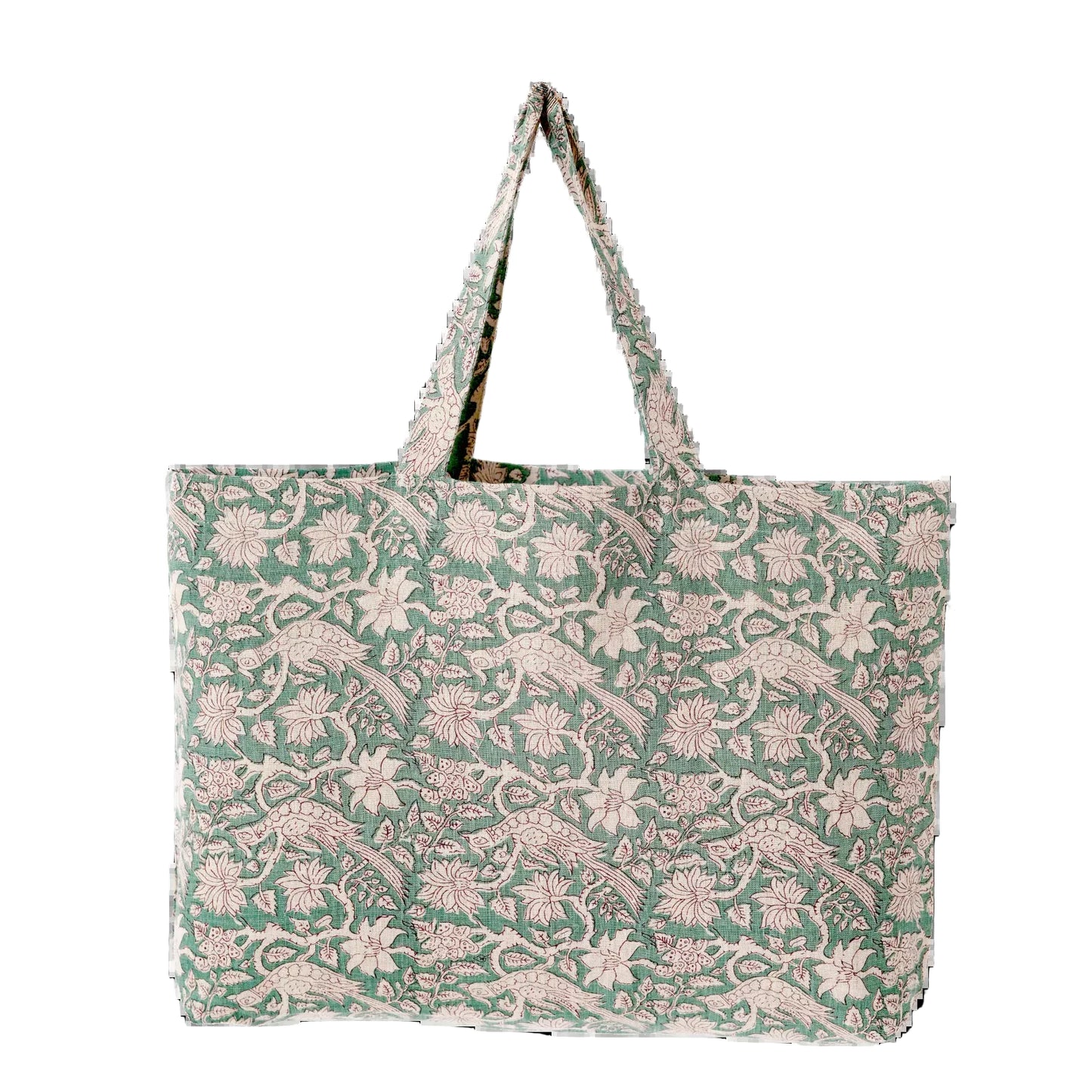 Sage floral block printed linen/cotton market bag.