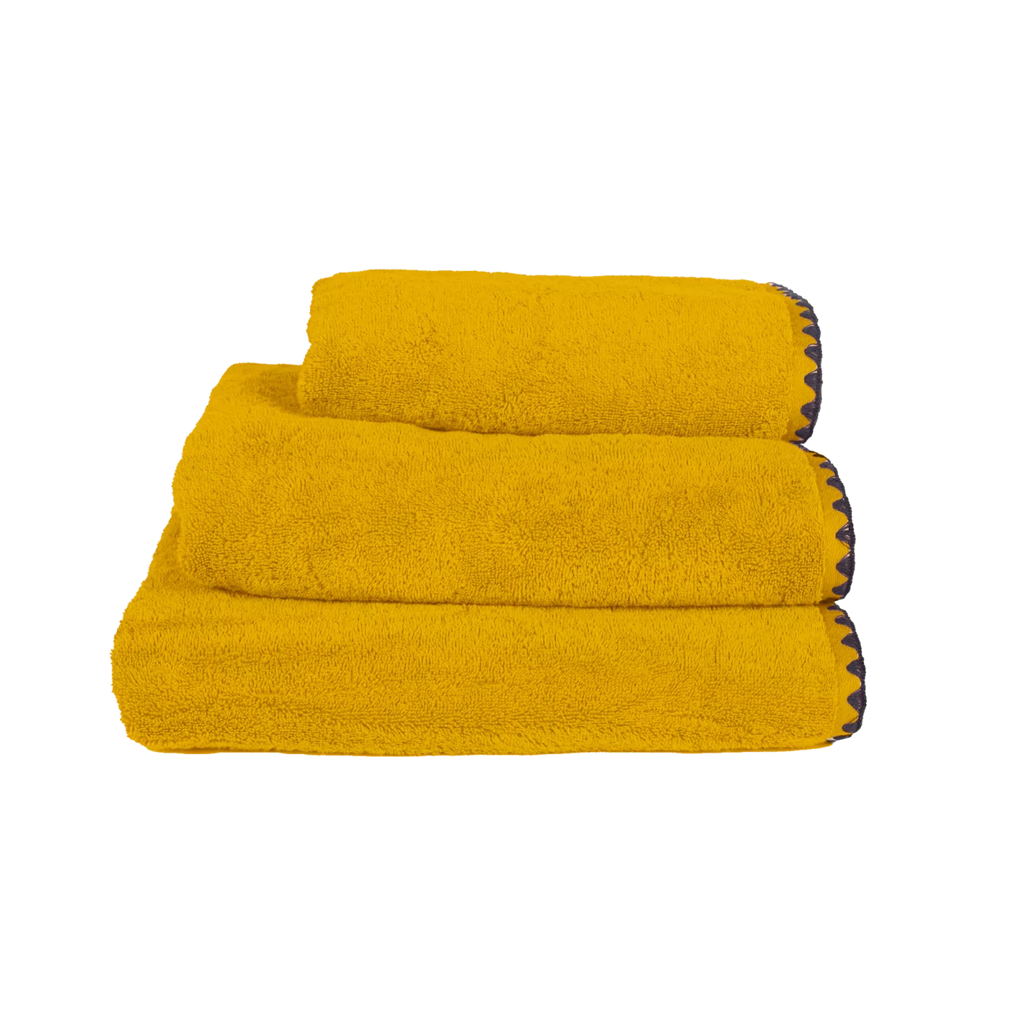 Ochre yellow cotton towel set with black embroidered edging. 