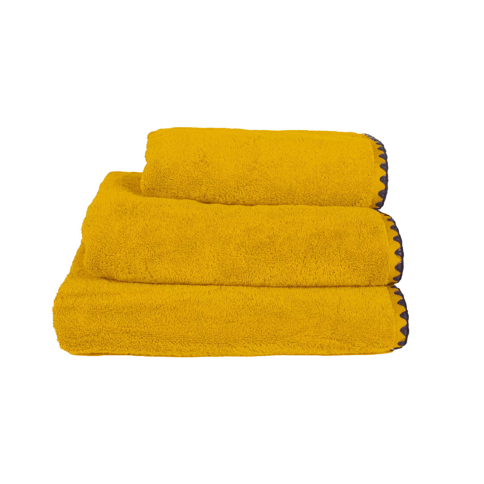 Ochre yellow cotton towel set with black embroidered edging. 