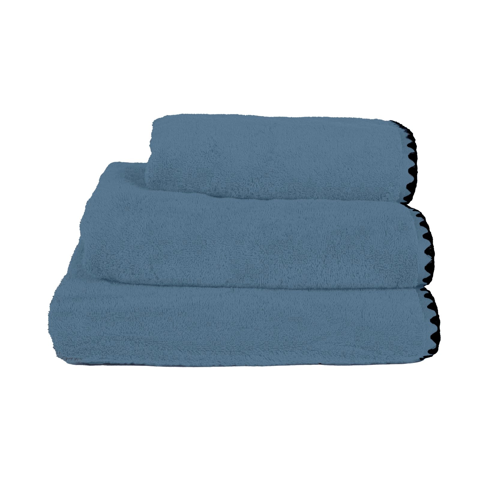 Turquin blue cotton bath towel range with a black embroidered edge.