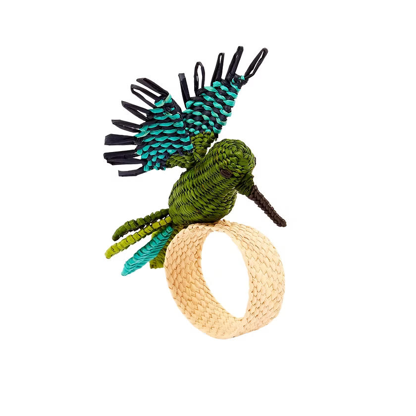 Blue and green hand woven humming bird napkin ring.