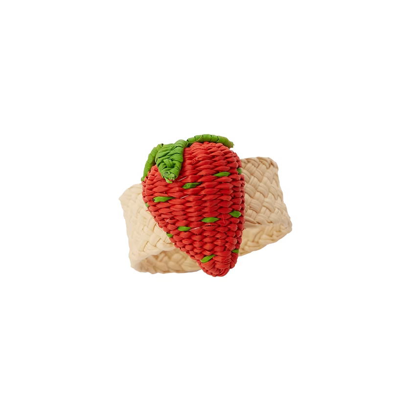 Red and green hand woven strawberry napkin ring.