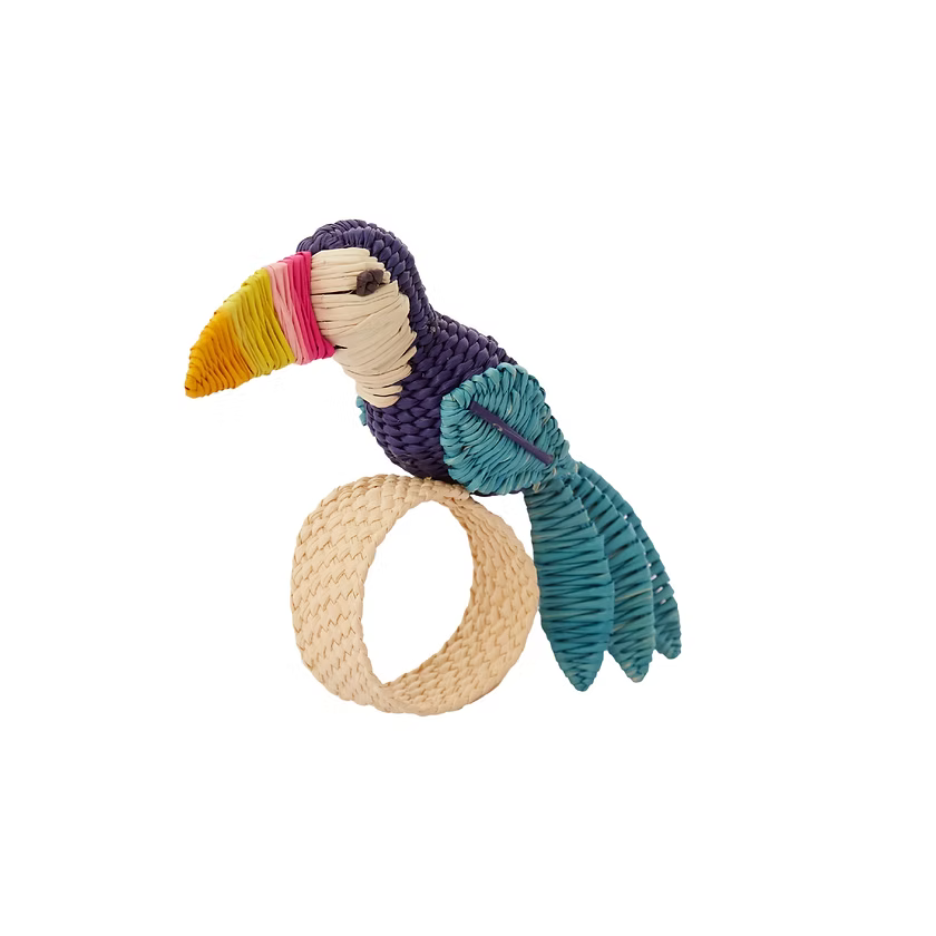 Blue toucan woven napkin ring with a multi coloured beak.